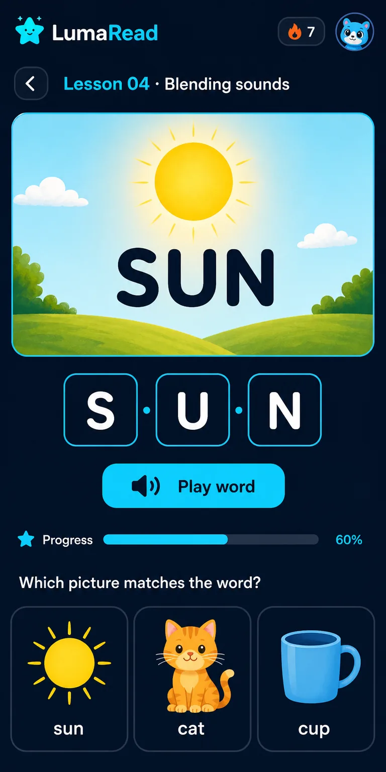 LumaRead — Early literacy · K-3 learning app screen by Owl Core