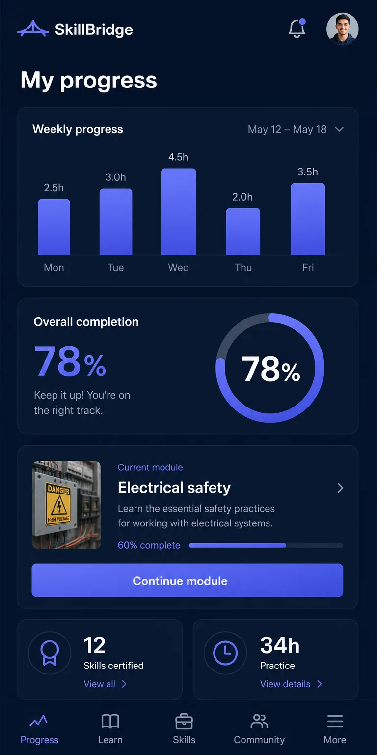 SkillBridge — Vocational training learning app screen by Owl Core