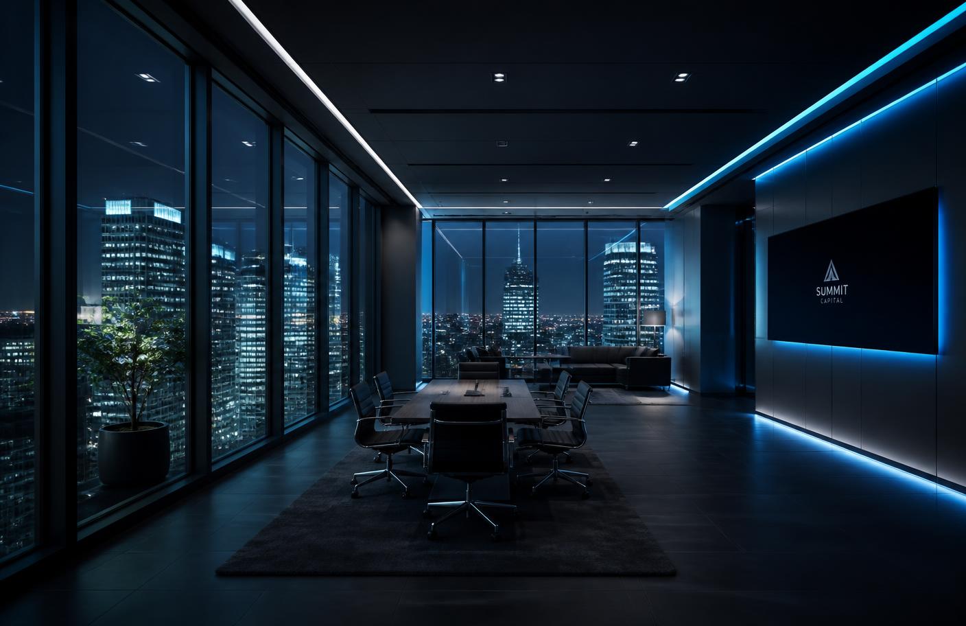 Owl Core office with a city skyline at night