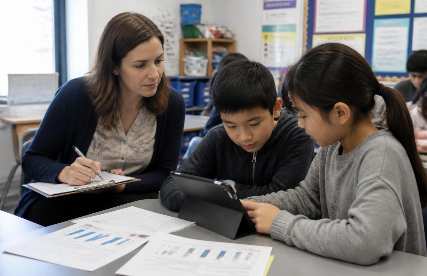 Researcher observing students during a classroom study