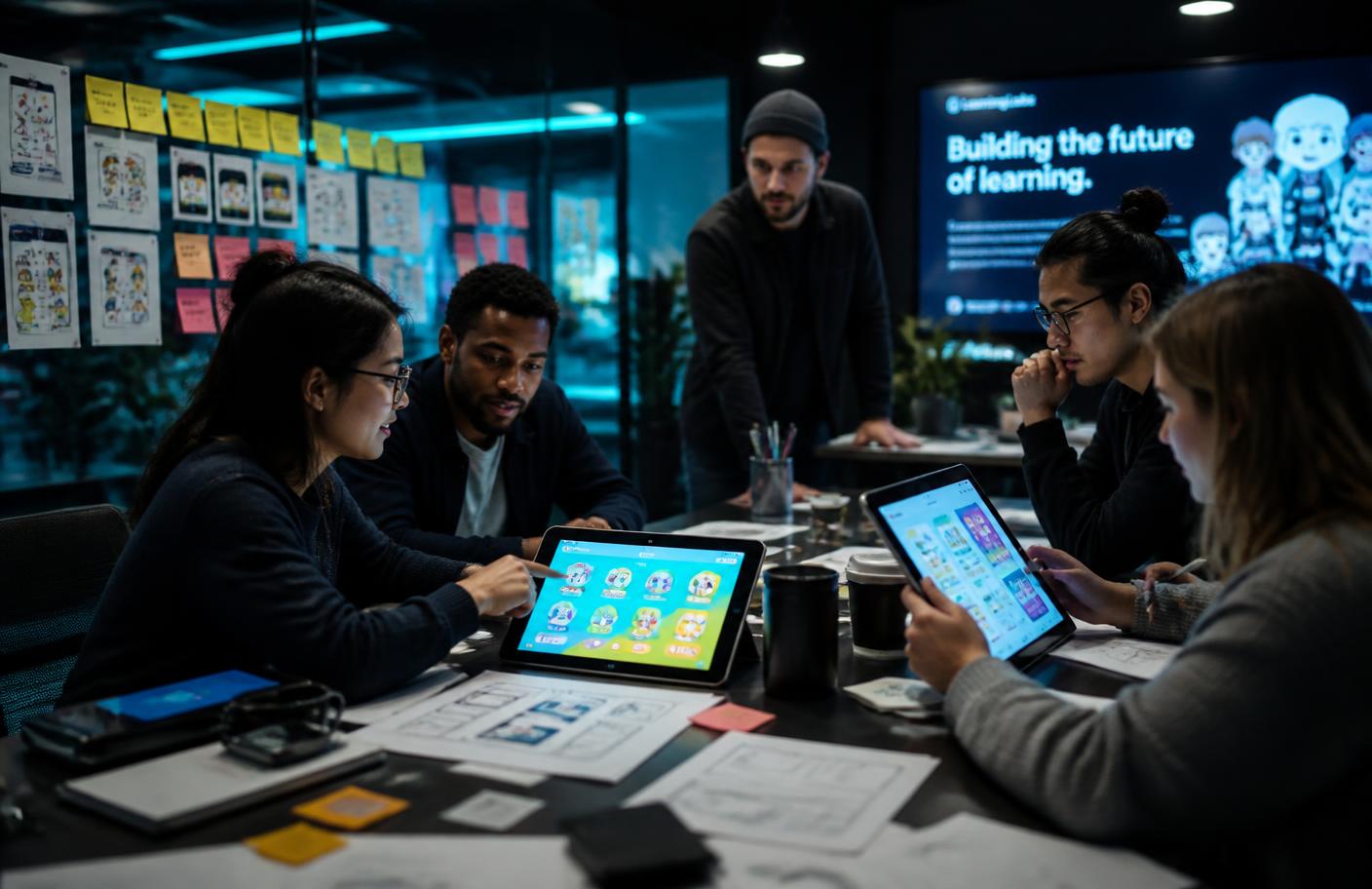 Owl Core team reviewing learning app designs in the studio