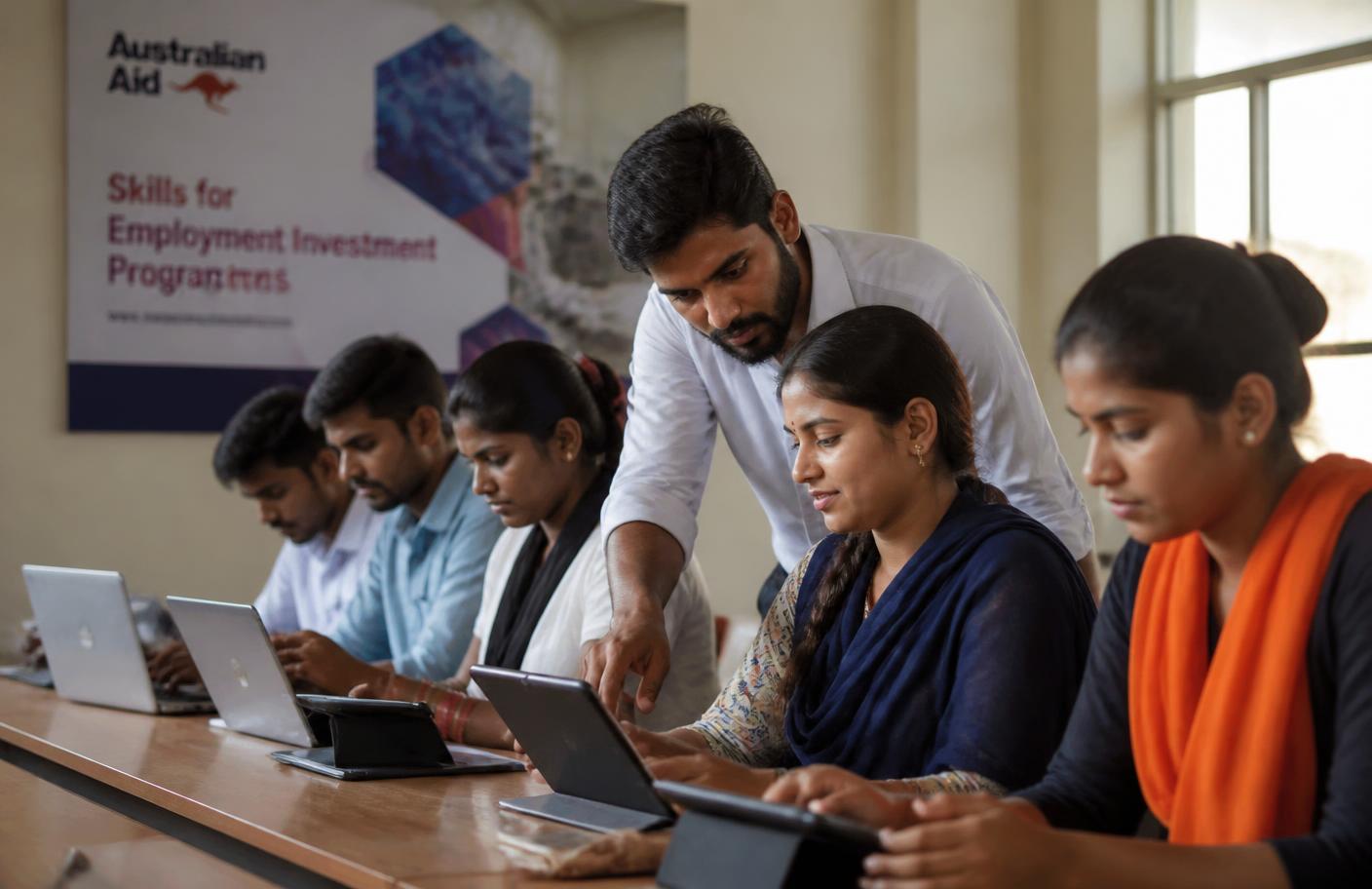 Young adults in a vocational training center using an Owl Core skilling app